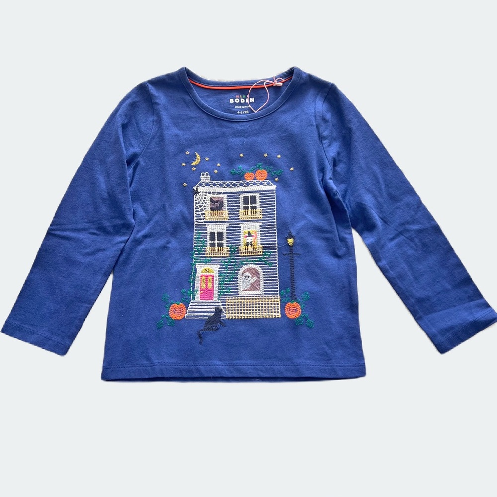 Mini Boden Blue Haunted House Graphic Tee